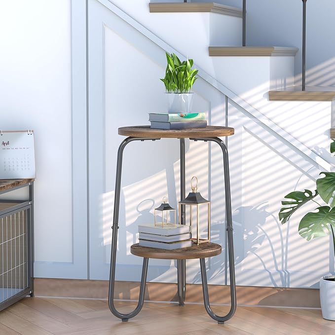 2 Tier Wood Plant Stand Indoor, Small Round Flower Pot Stand, 19.6" Tall Single Plant Holder for Living Room, Balcony, Rustic Brown End Side Table（2 packs）