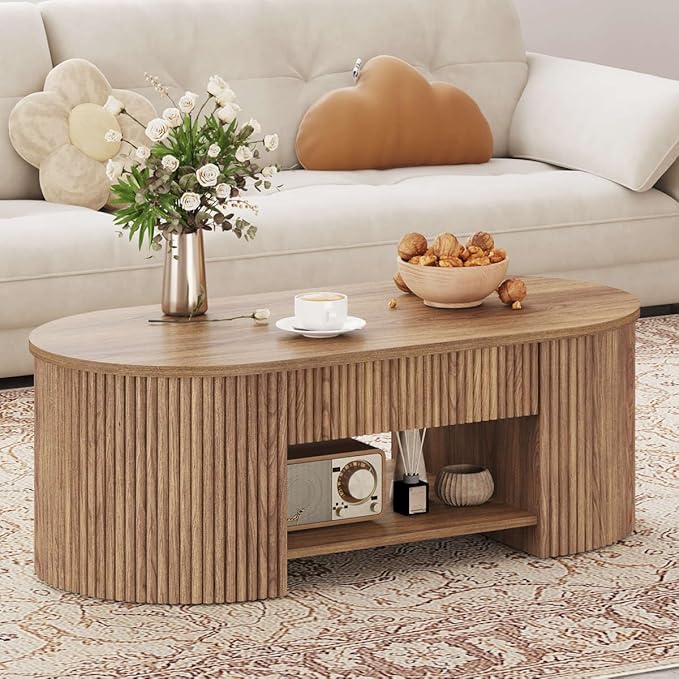 FATORRI Coffee Table for Living Room Storage, Modern Wood Center Table with Drawer, Farmhouse Oval Fluted Living Room Tables with Shelf (Walnut, 43.31 Inch)