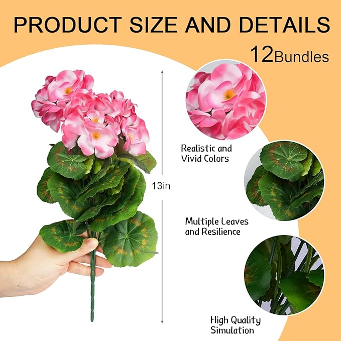 6 Bundles Artificial Flowers for Outdoors, Faux Geraniums Artificial Flowers Realistic, Faux Plants Outdoor UV Resistant for Garden Patio Porch Window Box Home Indoor Outdoor Decor (12, Pink)