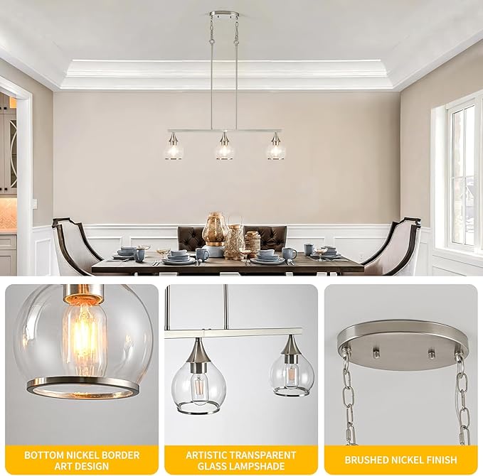 Island Light for Kitchen, 3-Light Brushed Nickel Island Pendant Lighting with Clear Round Glass Shades for Dining Table, Living Room