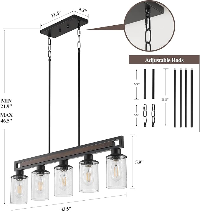 Farmhouse Dining Room Light Fixture, 5-Light Wood Kitchen Island Lighting for Dining Room Over Table, Black Adjustable Pendant Light with Seeded Glass Shades, Linear Chandeliers Lighting for Kitchen