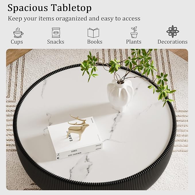 27.55" Black Round Coffee Table, Drum Coffee Table with Sintered Stone Tabletop and Fluted PU Leather Covered and Metal Base, Circle Cocktail Tea Table for Living Room