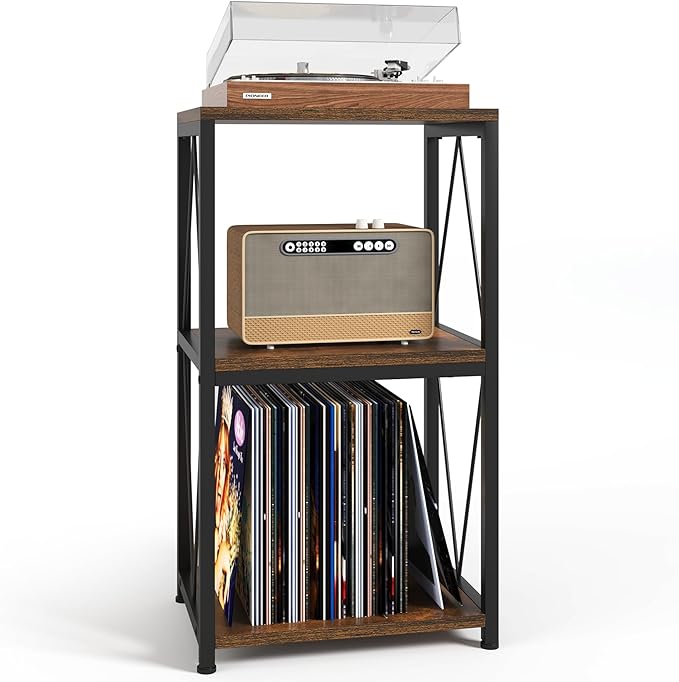 Y&M Record Player Stand with Vinyl Storage, 3-Tier Shelf Display Table for Album CD, Turntable Holder, End Table for Bedroom, Living Room, Office, Rustic Brown