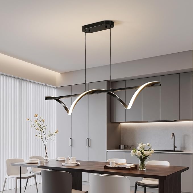 ziidoo Kitchen Island Lighting ，43.3in Dimmable Dining Room Light Fixture Over Table Linear LED Black Wave Spiral Chandeliers Modern Pendant Lights for Living Room Ceiling Hanging Light