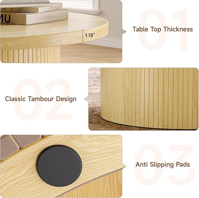 ONBRILL 31.5" Round Coffee Table, Tambour Design Coffee Tables for Living Room, Mid Century Modern Wood Coffee Table, Drum Accent Small Center Table, Oak