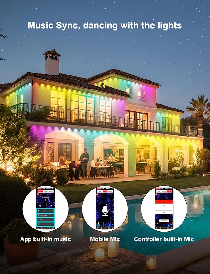100ft RGB+ IC Permanent Outdoor Lights, Eaves Lights with 50 LED Lights, IP68 Waterproof, Music Sync with Remote Control for Garden Party Decor, Deck, Christmas with Cool White