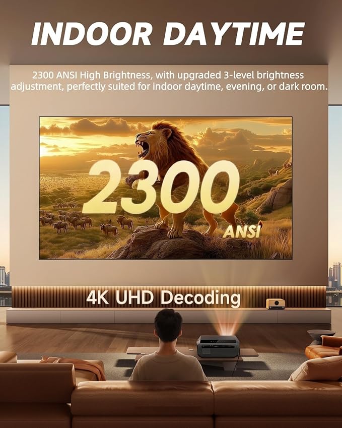 Smart LED 4K Projector Daylight HDR WiFi 6 Bluetooth Dolby Audio, 2300ANSI Daytime Movie Gaming Projectors 4K Ultra HD Home Theater Ceiling with Auto Focus Keystone Zoom Airplay USB Apps