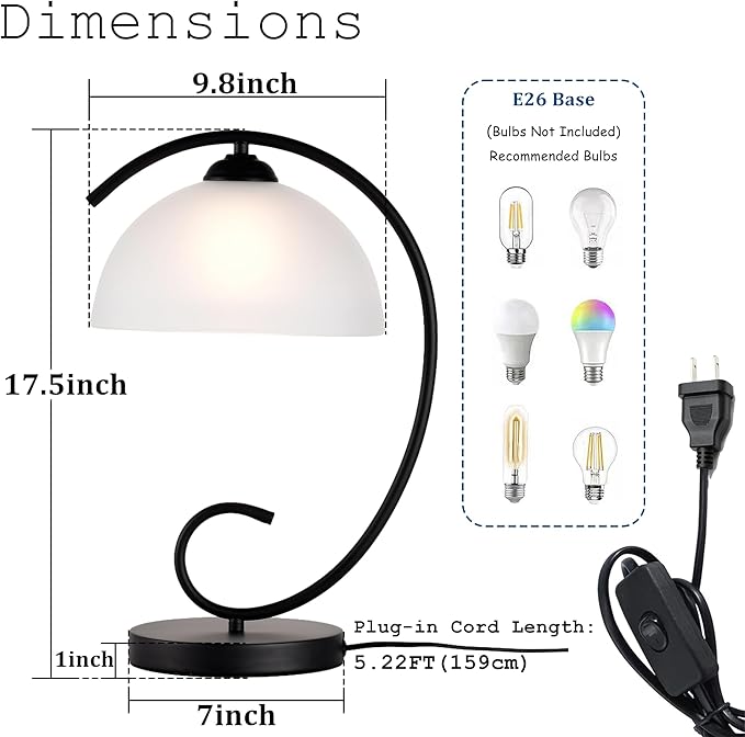 Modern Table Lamp for Bedroom, 17.5" Tall Plug-in Bedside Lamp with Frosted Glass Dome Shade, Sand Black Metal Base, E26 Socket, Corded with Switch – Perfect Nightstand & Desk Lamp (No Bulb)