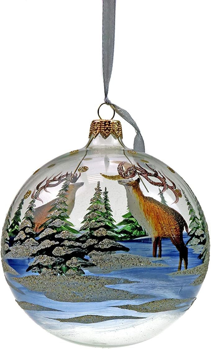4" Christmas Tree Glass Ball, Christmas Motives on a Transparent Background Hand-Painted by Skilled Artisian, Set of Christmas Ornaments in a Wooden Box, Set of 6