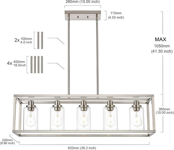 MELUCEE 5-Light Dining Room Lighting Fixture Hanging Brushed Nickel Modern Pendant Lighting Contemporary Chandeliers with Clear Glass Shade for Kitchen Island Living Room Bedroom
