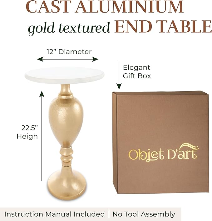 OBJET D'ART Small Round Gold End Tables, Orne, 22'' Height, Vintage Metal Accent, Side, Pedestal, Coctail and Drink Tables for Living Room and Small Spaces