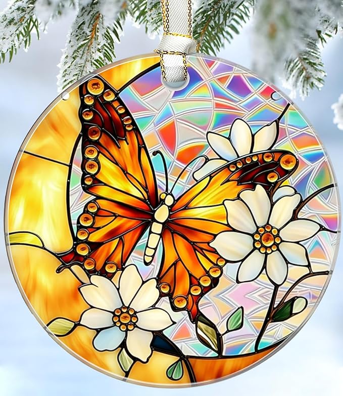 Christmas Ornaments 2025, Stained Glass Christmas Tree Decorations, Exchange for Women, Men, Collectible Dated Year Ornaments for Tree（Butterfly）