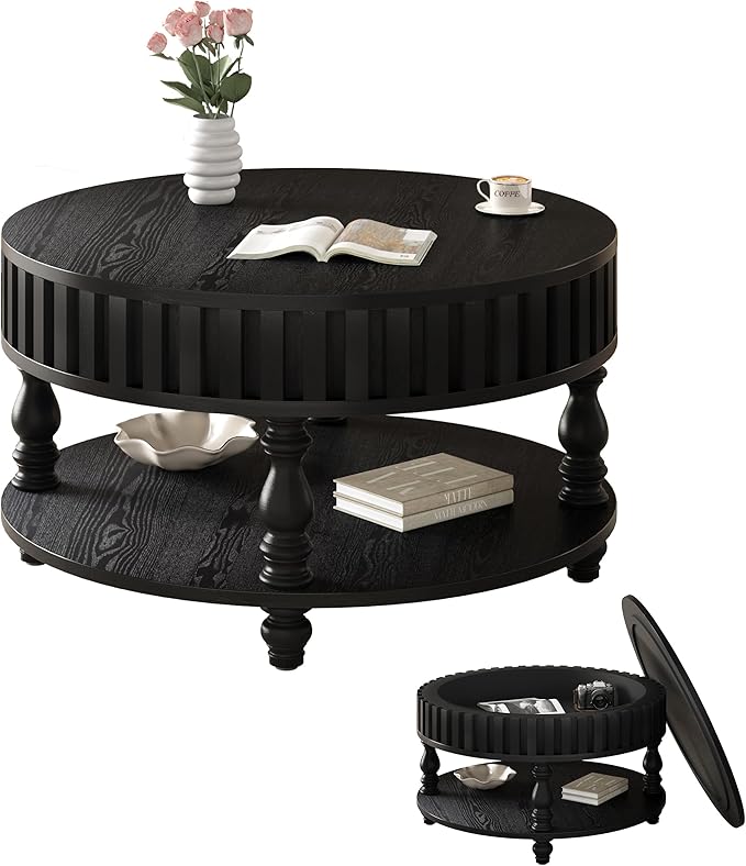 Homora Farmhouse Fluted Coffee Table with Hidden Storage, Rustic Round Center Table with Solid Wood Legs, Circle Wooden Tea Table for Small Space Living Room, 31.49''L × 31.49''W × 16.53''H, Black