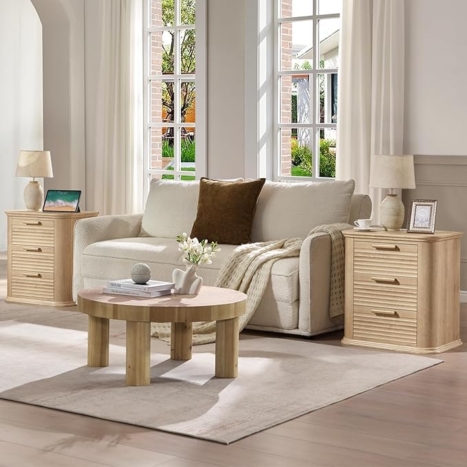 Okvnbjk 22" Wide Fluted Nightstand with Charging Station, Modern End Table for Living Room, Bedroom, Home Office, Wood Curved 3 Drawer Dresser, Large Bedside Tables, Oak
