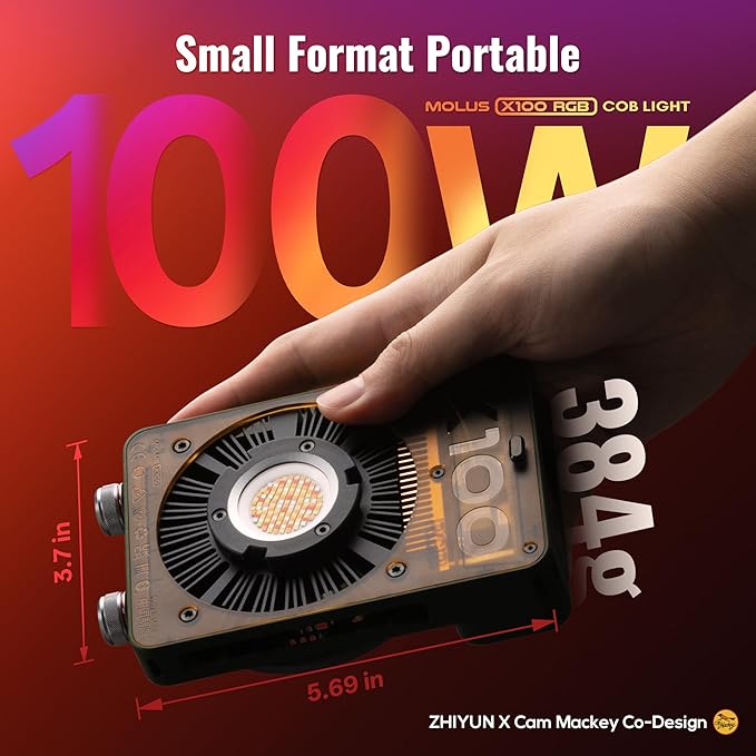 ZHIYUN MOLUS X100 RGB Standard 100W Video Light [Official] V2 Upgraded Version Professional Photography Light Portable Continuous Output Lighting 2500K~10000K CRI≥95 TLCI≥97 Only 384g (No Battery)