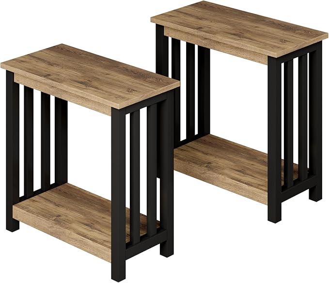 ChooChoo Mission End Tables Set of 2, Narrow Side Tables for Small Spaces, Night Stands with Storage Shelf for Living Room and Bedroom, Rustic Oak & Black