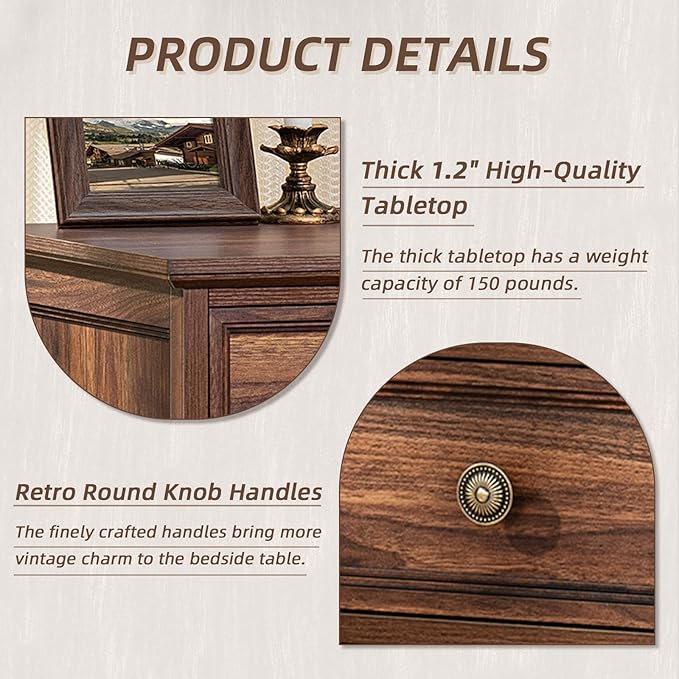 24" Wide Farmhouse Night Stand,Large End Table with 3 Drawers & Metal Handle,Dresser for Bedroom, Wood Bed Side Table Chest of Drawers Cabinet, Retro Brown Nightstand for Living Room,Closet