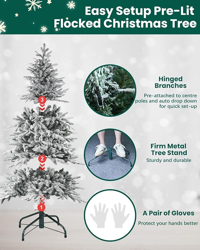 Prelit Flocked Christmas Tree 5 ft Leheyhey Frosted Artificial Christmas Tree with Multicolor Lights &1162 PE PVC Tips, White LED Xmas Tree with Snow, 9 Color Modes, Hinges, Seasonal Decor
