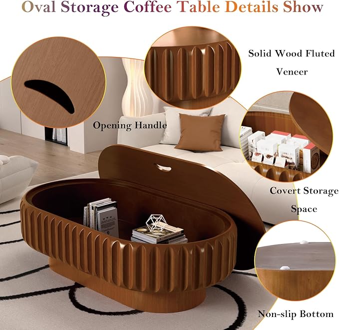 43.3" Oval Drum Coffee Table with Storage Retro Rustic Center Table - Solid Wood Handcrafted Relief Veneer for Farmhouse Apartment (D Oval 43.3in)