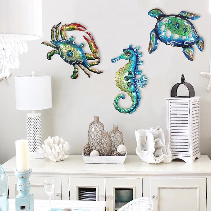 Weibefee Metal Sea Turtle Seahorse Crab Beach Themed Bathroom Wall Art Christmas Decor, Ocean Themed Wall Christmas Decorations Gift for Home Bathroom,10 Inch, Set of 3…