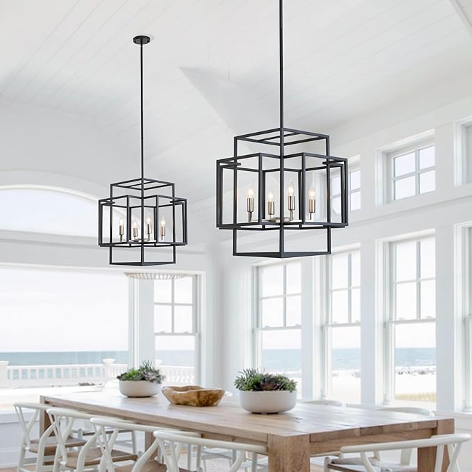 16.5" Farmhouse Chandelier, 4-Light Industrial Ceiling Pendant Light Fixture, Modern Foyer Lighting Fixtures, Dining Room Light Fixtures Over Table, Black and Silver Pendant Lights for Kitchen Island