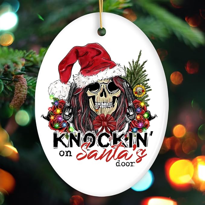 Knockin on Santa’s Door Gritty Rock Style Christmas Ornament, Rebellious Gunslinger Skull and Roses