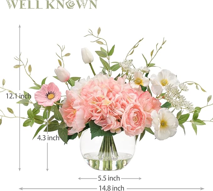 Artificial Flowers in Vase, WELL KNOWN Fake Silk Peony Tulip Hydrangea Pink & White Flower Bouquet Arrangement with Faux Water Centerpieces, Fake Flowers for Home Wedding Dining Table Party Decor Gift