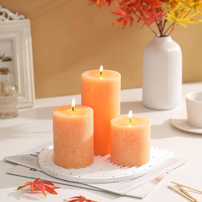 3x3 Inch Yellow Pillar Candles - Set of 3 Unscented, Large, Smokeless Dripless Candles for Dinner Table Decor, Home Rustic Decor, Fall Centerpieces