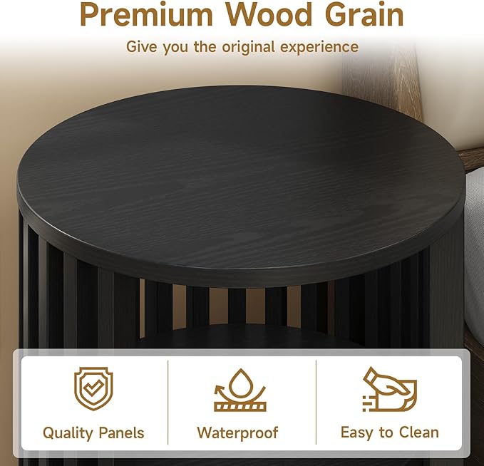 Round End Table, Wood Bedside Table, Mid Century Modern Nightstand with Open Storage Shelf, 3 Tier Small Side Tables for Living Room, Bedroom, Curved Profile Design, Black(1-Pack)