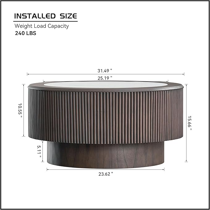 Round Coffee Table with Marble Tabletop for Living Room Mid Century Modern Fluted Circle Coffee Table with Pedestal Wood Center Tables Accent Tea Table for Apartment, 31.5'' Dark Brown