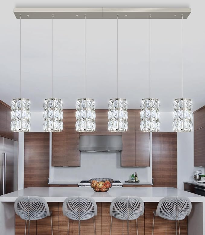 6-Lights Rectangle Modern Crystal Pendant Lights for Kitchen Island LED Dimmable Glam Pendant Lighting Chandelier for Dining Room Hallway Corner Lamp Nickel