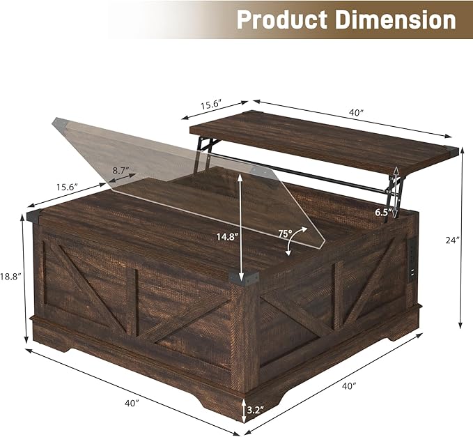 40” Large Farmhouse Lift Top Coffee Table with Power Outlets and Large Hidden Storage, Square Wood Living Room Tables, Multi-Function Lift Wooden Barn Door Center Table, Brown