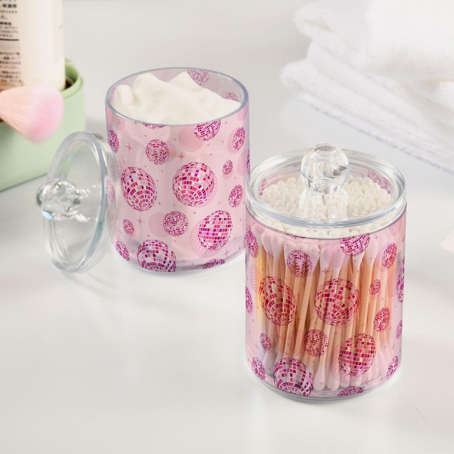 2 Pack Qtip Holder Organizer Dispenser Disco Balls Pink Bathroom Storage Canister Cotton Ball Holder Container for Cotton Pads/Swabs/Floss