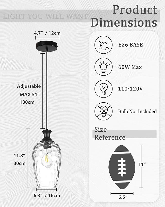 Black Pendant Lights Kitchen Island, Modern Farmhouse Hanging Ceiling Light with Hammered Glass for Dining Room Kitchen Sink