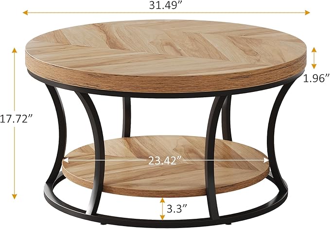 Round Coffee Table for Living Room, 2-Tier Circle Coffee Table with Storage, Accent Center Table Modern Design, Wooden Grain and Black