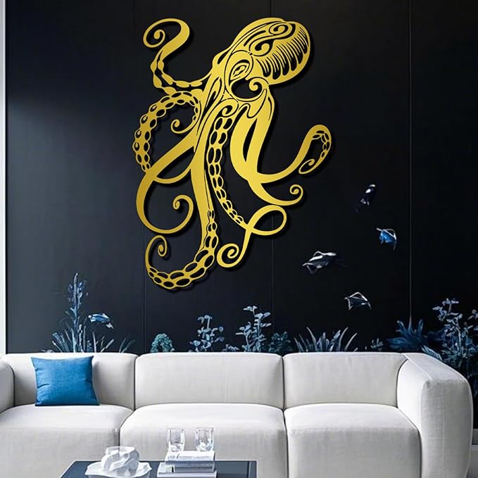 Octopus Metal Wall Art, Octopus Wall Decor, Sealife Wall Decoration, Ocean Wall Hanging, Marine Biology Decor, Metal Wall Art for Living Room, Bathroom (Black, 24"x17" | 60x44cm, metal wall art)