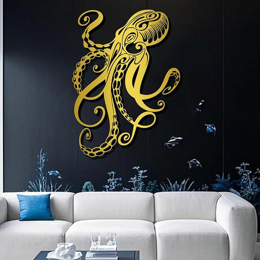 Octopus Metal Wall Art, Octopus Wall Decor, Sealife Wall Decoration, Ocean Wall Hanging, Marine Biology Decor, Metal Wall Art for Living Room, Bathroom (Gold, 39"x29" | 100x73cm, metal wall art)