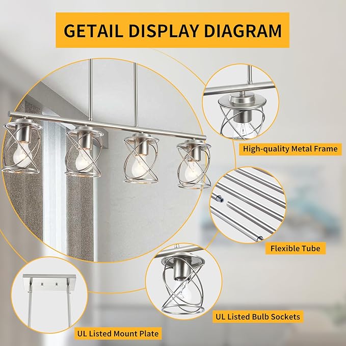 Kitchen Island Light, 4-Light Dining Room Lighting Fixtures Hanging, Farmhouse Linear Pendant Light for Kitchen Island Table Living Room with Adjustable Rods, Brushed Nickel