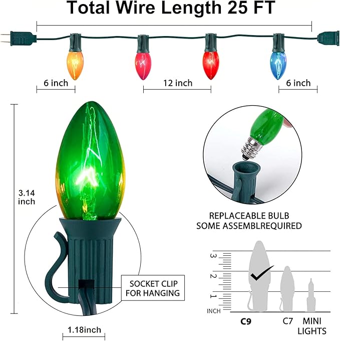 C9 Multicolor Christmas Lights Outdoor, 25Ft Vintage Christmas String Lights with 26 Clear Glass Multicolored Bulbs, Hanging Roofline Lights for Christmas Tree Patio Garden Party Decor-Green Wire