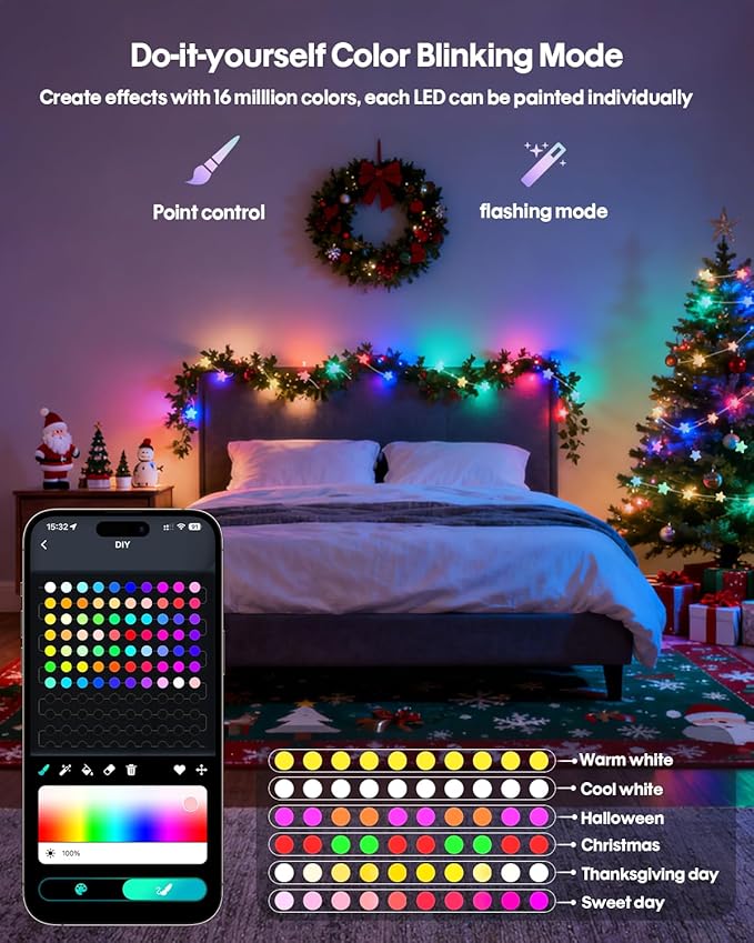 Smart Star String Lights 33Ft, Color Changing LED Fairy Lights with Remote & APP Control, Music Sync, Timer, RGB-IC Colored Twinkle Lights Hanging for Indoor Bedroom Party Christmas Decor
