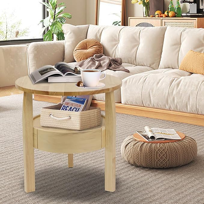 Round Coffee Table with Storage and Hidden Drawer - 20" D x 20" H Natural Wood Side Table with Sliding Drawer, Mid Century Modern Coffee Table, Small Coffee Table for Living Room, Natural Wood Color