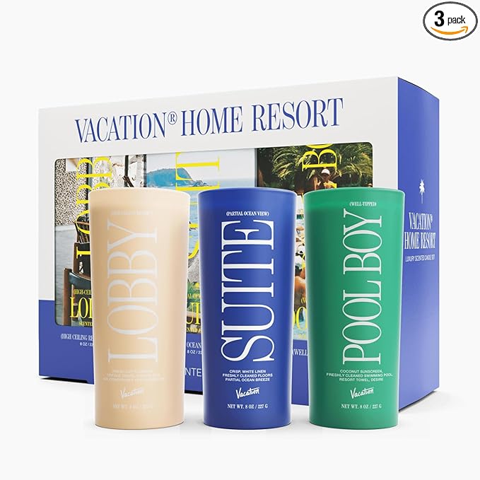 Vacation Sunscreen Home Resort Scented Candle Set, Premium Soy Blend Wax, 85-Hour Long Burning, Luxury Gift Set for Women & Men, 8 Oz. Each (Pack of 3)