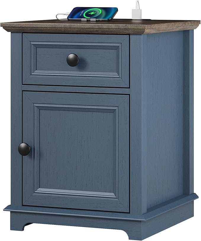 24" Tall End Table with Fast Charging Station, Square Side Table with Drawer & Large Storage Cabinet, Vintage Wooden Table for Living Room/Bedroom, Blue