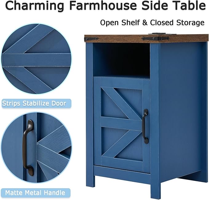 Navy Blue Farmhouse Nightstand Set of 2, Rustic End Table with Barn Door and Shelf, Bedside Table with Charging Station for Living Room, Bedroom