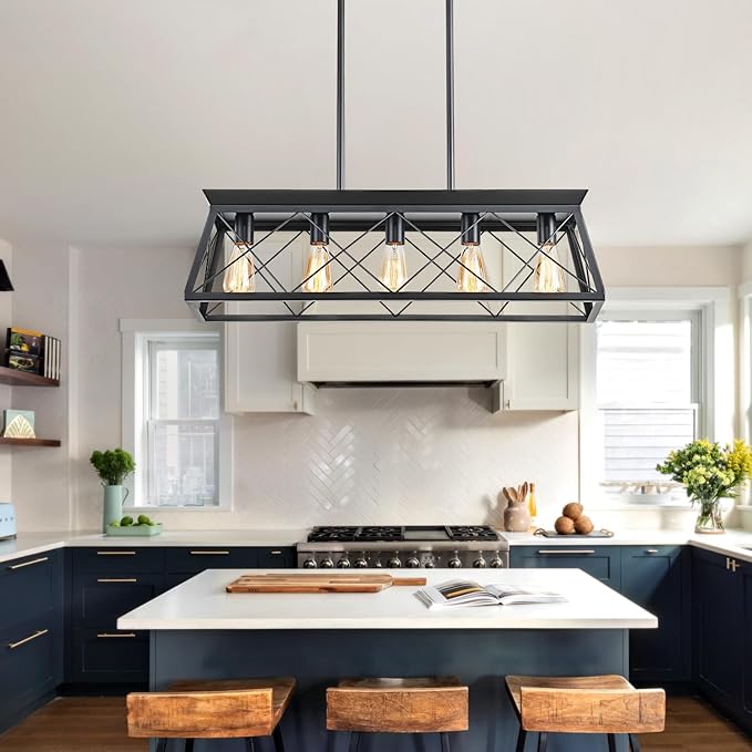 HuixuTe 5-Light Farmhouse Pendant Light for Dining Room, Rustic Kitchen Island Lighting, Adjustable Height Chandeliers for Kitchen, Dining Room Table Black
