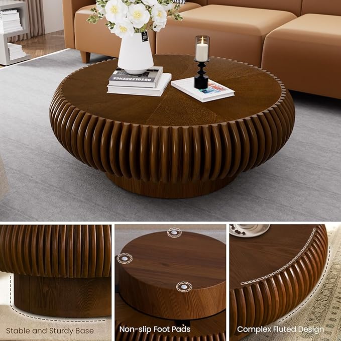 31.5" Drum Coffee Table Modern Unique Fluted Tea Table Contemporary Wood Round Coffee Table with Fluted Centry Table for Living Room Walnut (31.5" Walnut)