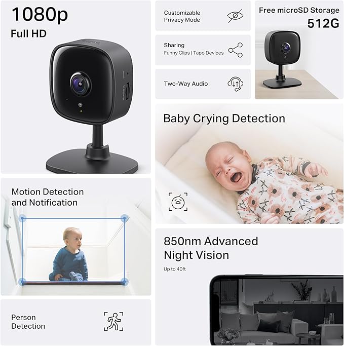 Tapo by TP-Link 1080P Indoor Security Camera for Baby Monitor, Pet Camera w/Motion Detection, 2-Way Audio, Night Vision, Cloud & SD Card Storage, Works w/Alexa & Google Home, Black, C101(4-Pack)