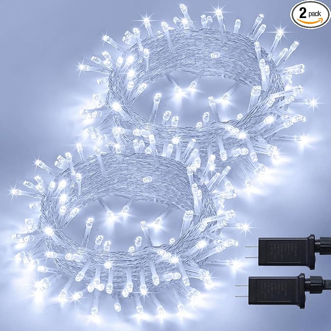 JMEXSUSS 2 Pack 100 LED White Christmas Lights Indoor, 33ft 8 Modes White String Lights Indoor Outdoor Connectable, Clear Wire Christmas String Lights for Bedroom Tree Xmas House Party Decorations