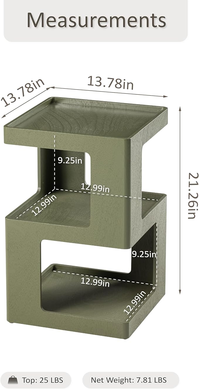 COZAYH Farmhouse Geometric Wood End Table, Distressed Accent Side Table with Two Storage Space, 3-Layer Cube Design for Bedroom, Living Room, Entryway, Green