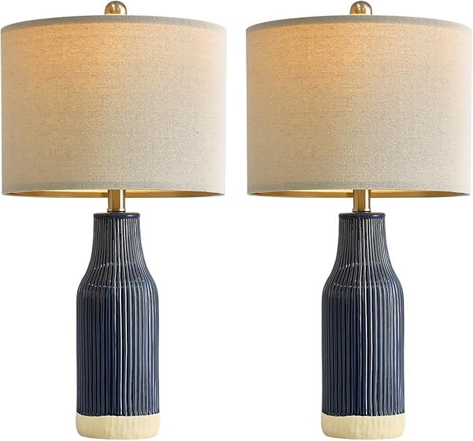 23.75" Modern Blue Ceramic Table Lamp Set of 2 for Living Room, Farmhouse Bedside Nightstand Lamp for Bedroom Home Office Dorm